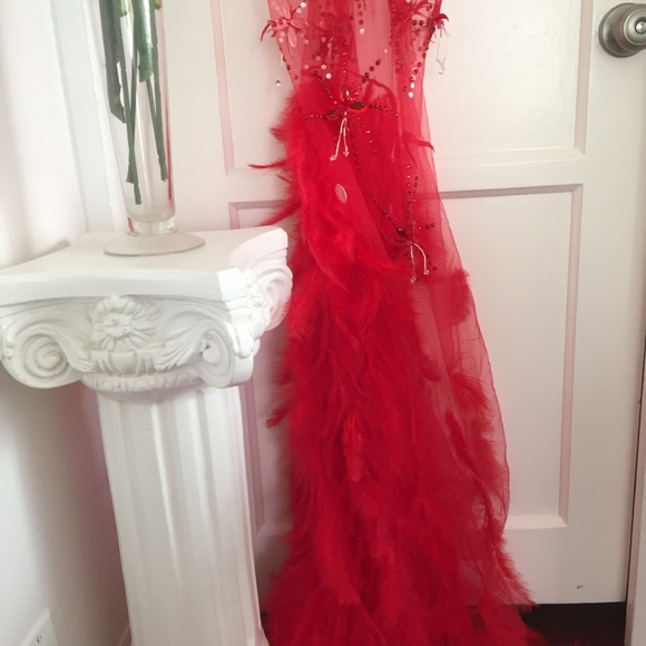 NEW! RED ANGEL DRESS HAND BEADED REAL FEATHER GOWN - Picture 13 of 15